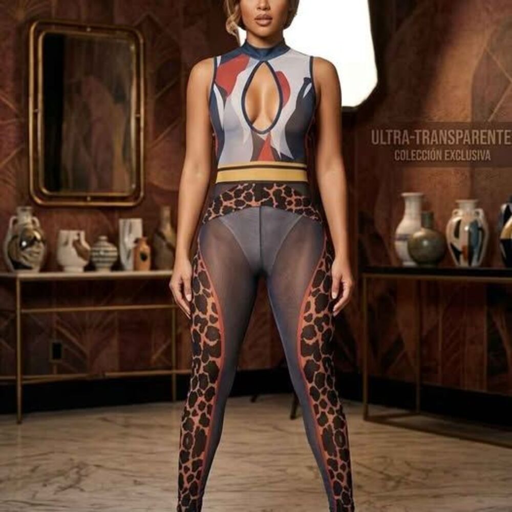 Women’s Sexy Sheer Mesh Jumpsuit Size S New Leopard Print Clubwear
